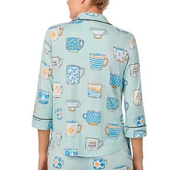 kate spade XLβLight Blue Tea Coffee Print Notch Collar 3/4 Sleeve Pants PJ Set - Picture 7 of 17